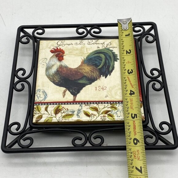 Rooster Trivet Ball Footed Black Metal Frame Scroll Square Kitchen‎ Wall Art - Picture 5 of 9